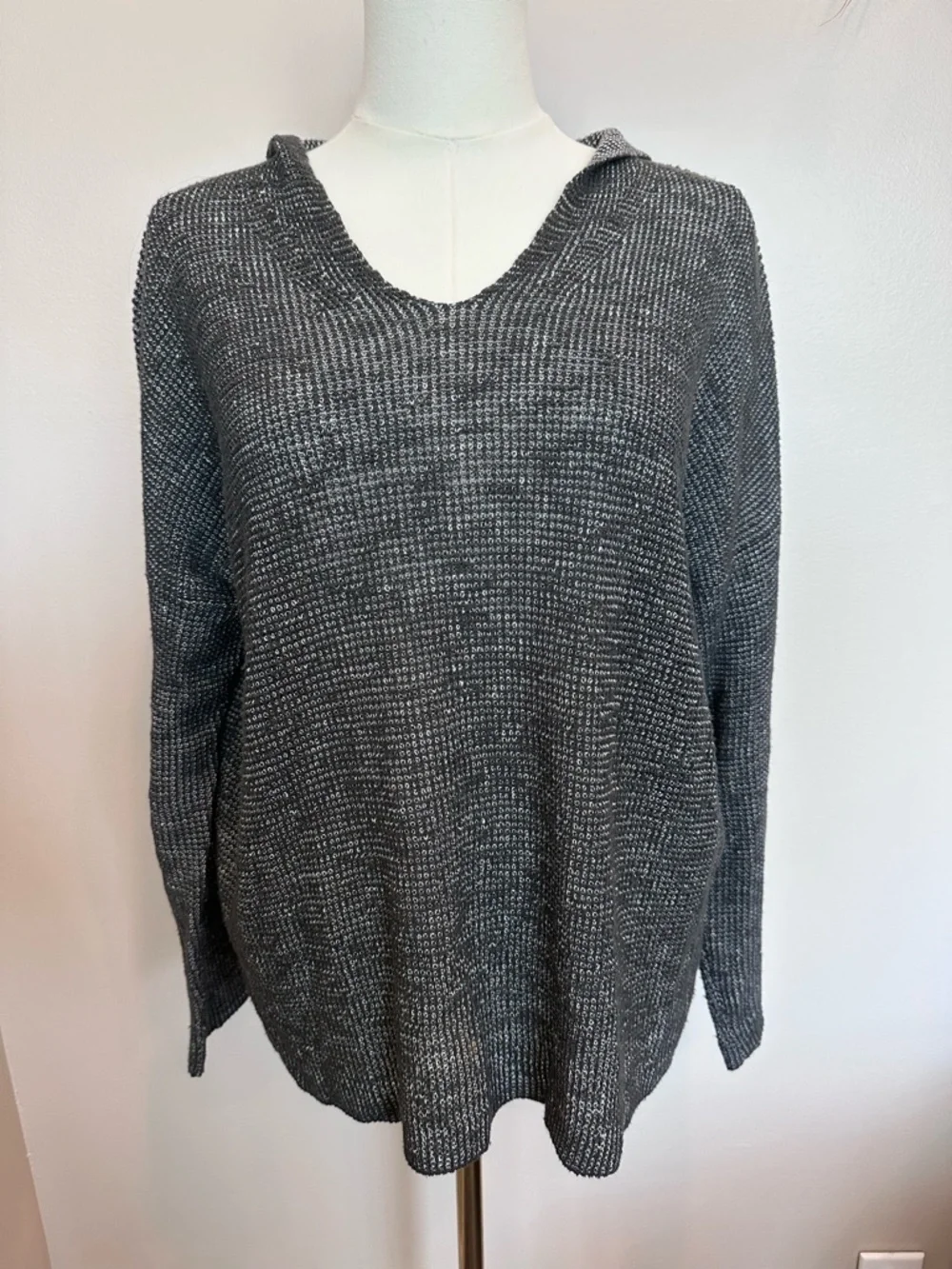 Eileen Fisher Charcoal Organic Linen/Cotton Hooded Boxy Top Sweater Size S
